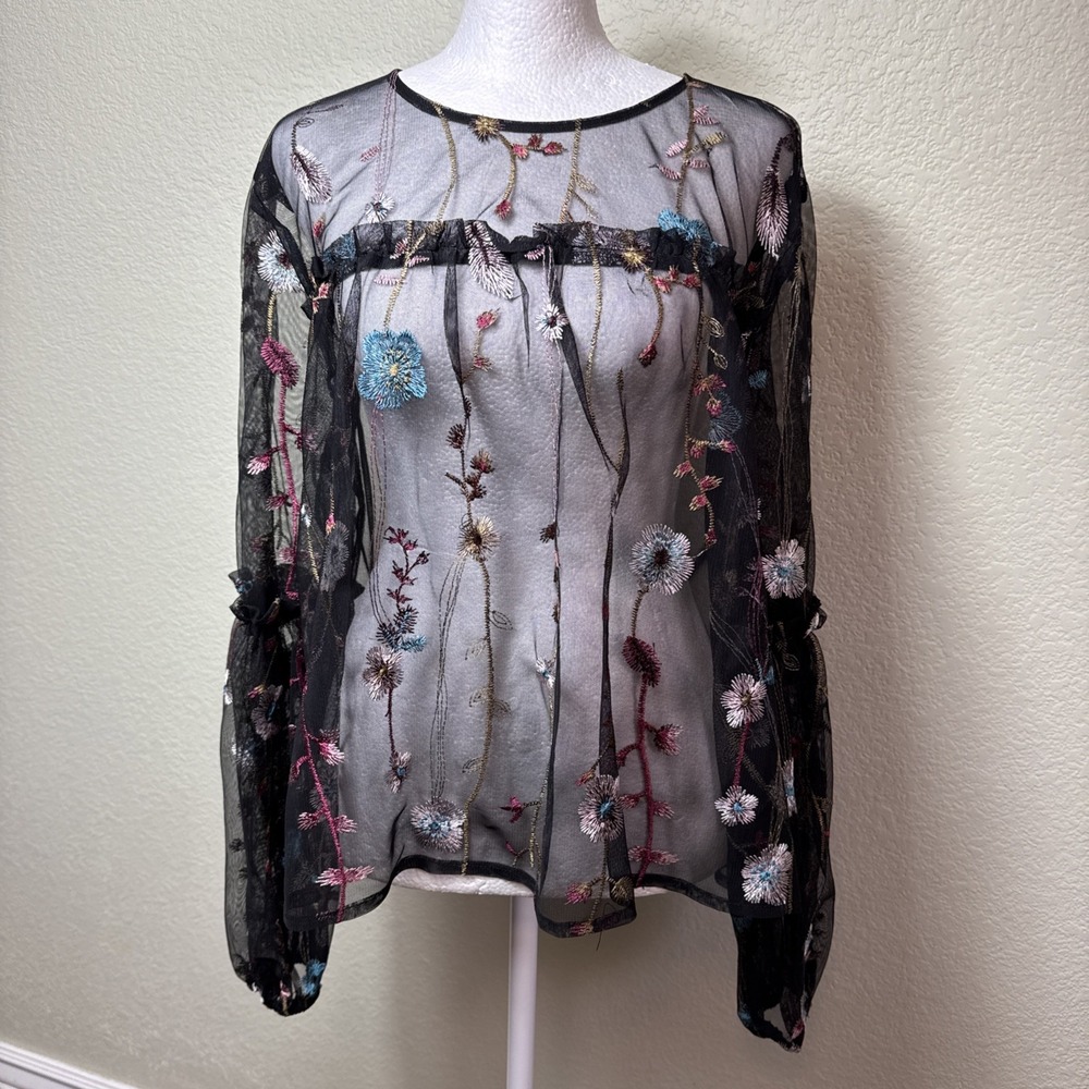 A New Day Black Sheer Mesh Floral Embroidered Blouse Balloon‎ Sleeve L EUC
